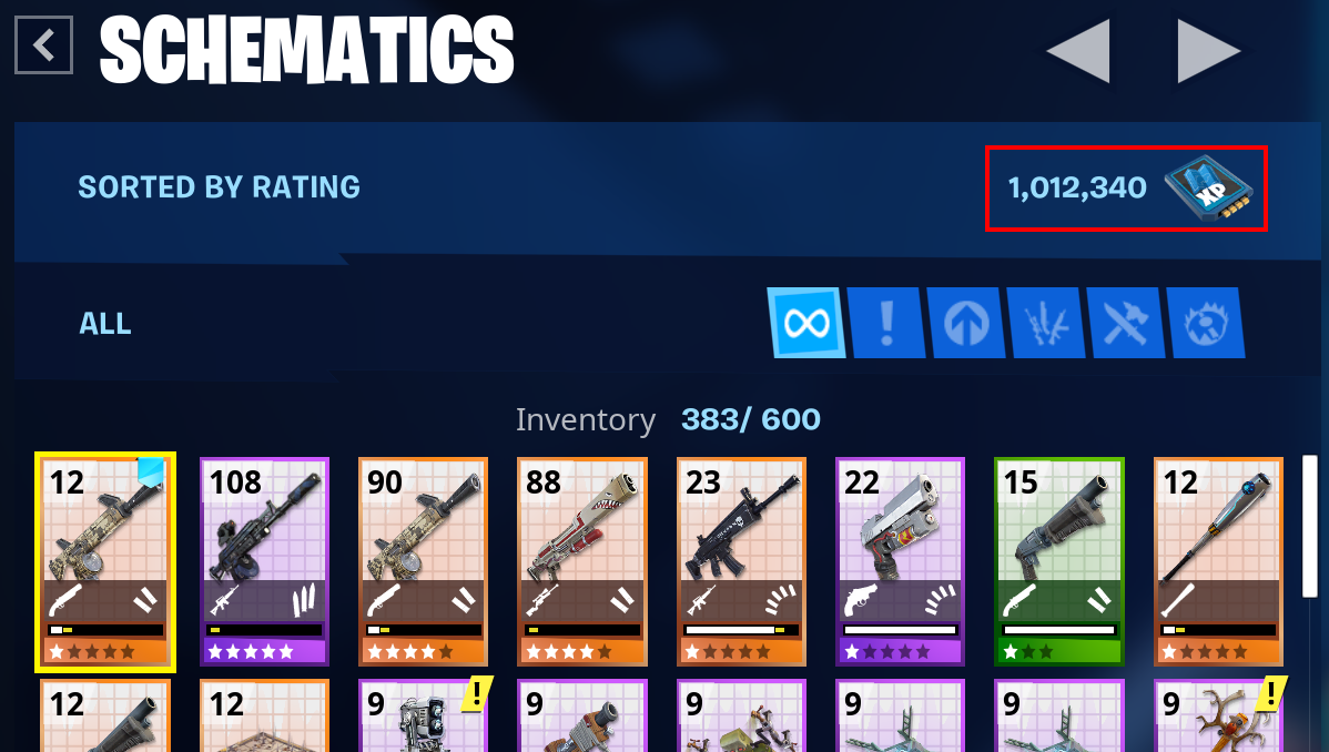 The available Schematic XP will be visible above your inventory panel in Save the World