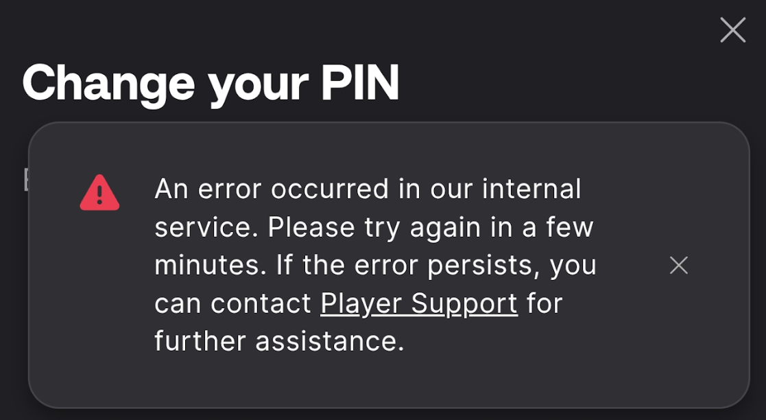 Internal service error message displayed when attempting to reset a parental controls PIN.