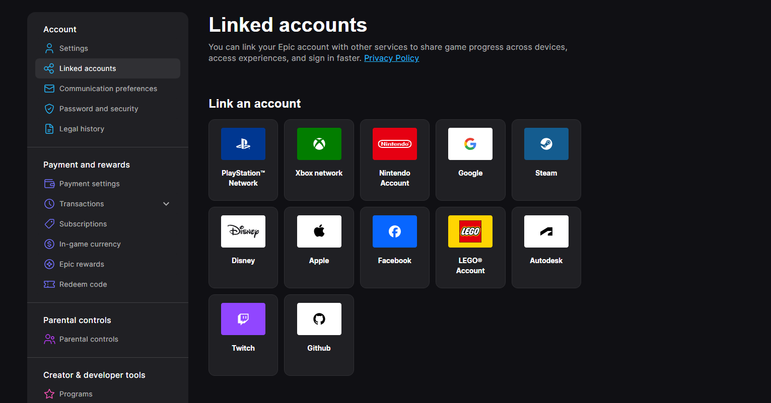 This shows the Linked accounts page where you can link your external accounts, like console accounts.